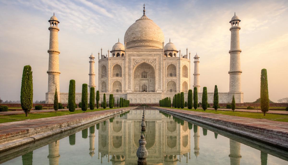 The Taj Mahal reflected in its central water garden at dawn, shown on flat Agra grounds with four minarets