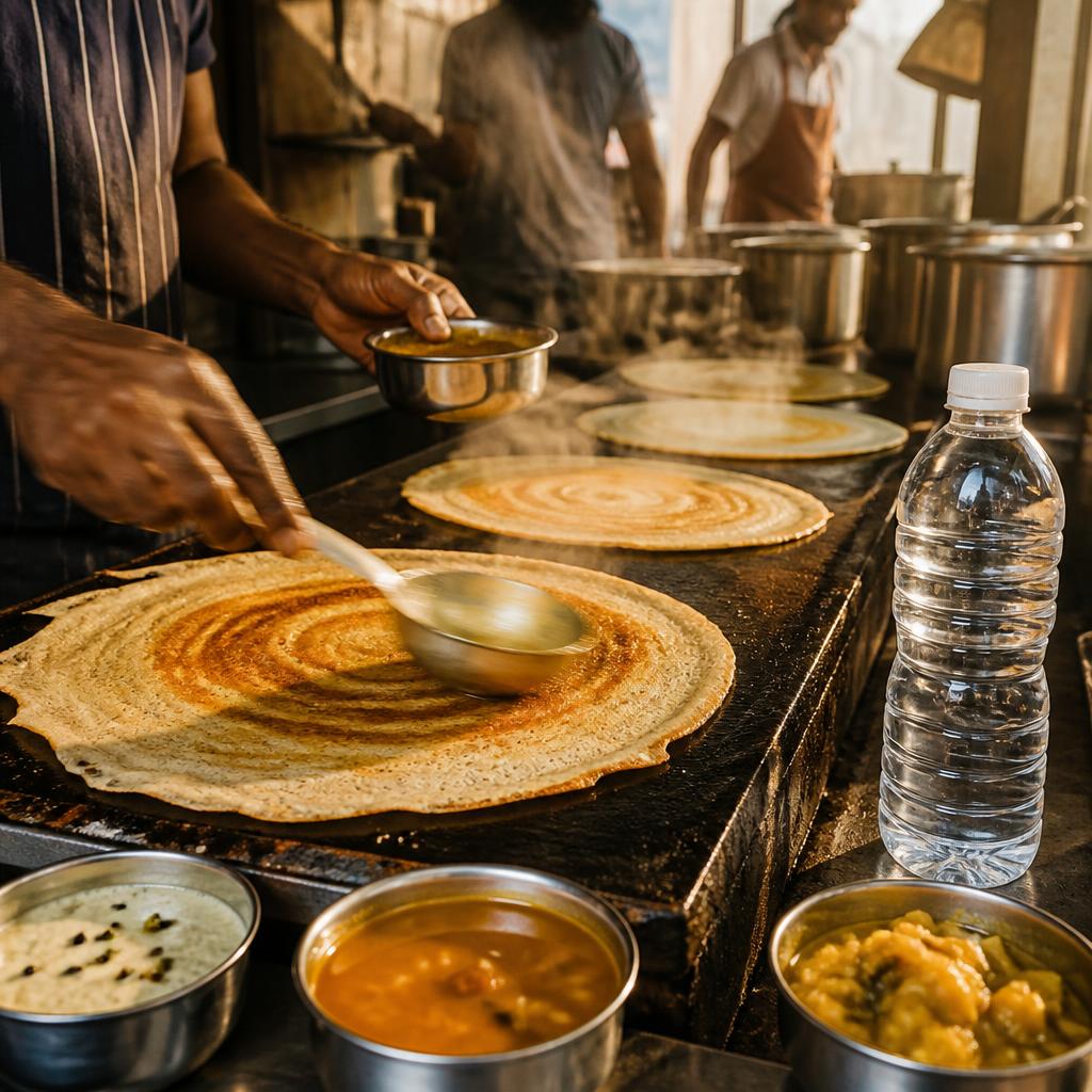 Fresh dosas cooking on a hot griddle in a busy Indian kitchen, with a sealed bottle of drinking water on the counter
