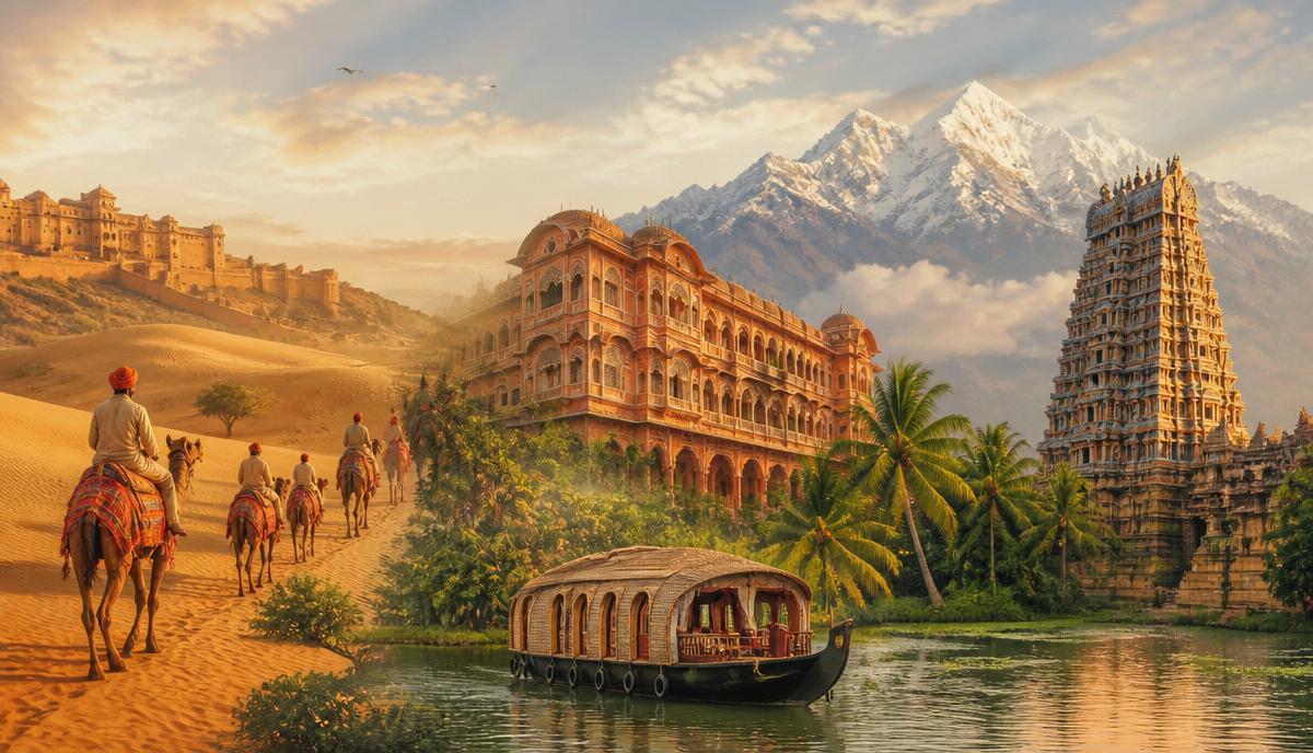 A dreamlike panorama of India's diversity: Rajasthan desert camels, a Kerala houseboat, a grand haveli, a Tamil Nadu temple tower, and distant Himalayan peaks at golden hour