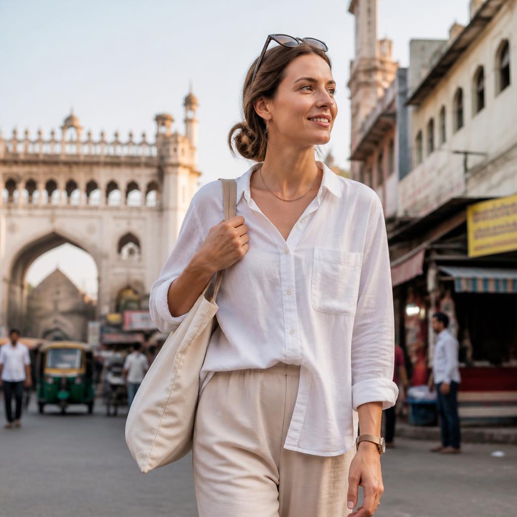 A Caucasian woman traveling solo in India, smiling and confident on a colorful street in golden hour light